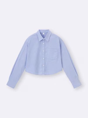 Flat-lay front view of a light-blue women's oxford short shirt with long sleeves and chest pocket.