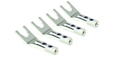 Four silver speaker spade terminals shown on a white background.