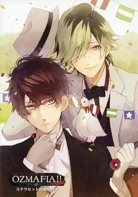 Cover art of the OZMAFIA!! vivace pamphlet showing two illustrated characters in suits, one wearing glasses and one with light green hair.