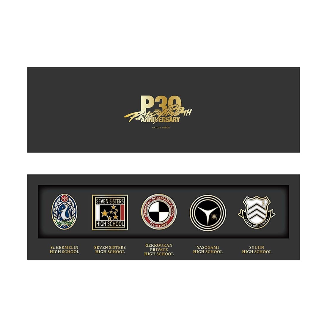 A boxed set of five school-emblem pin badges displayed in a framed tray beneath P30th anniversary branding.