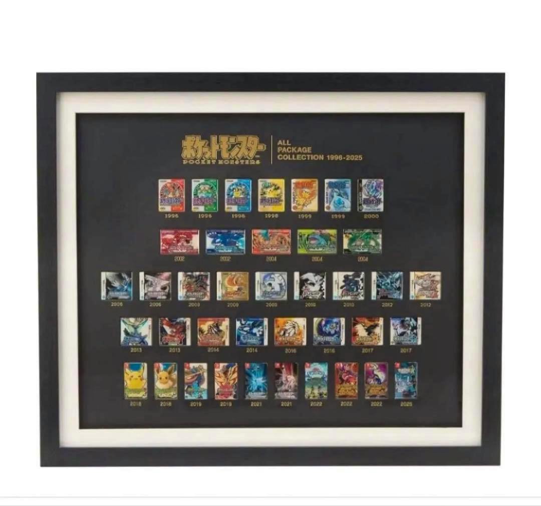 Framed display with rows of package pin badges arranged and labeled 1996–2025 on a black mat.