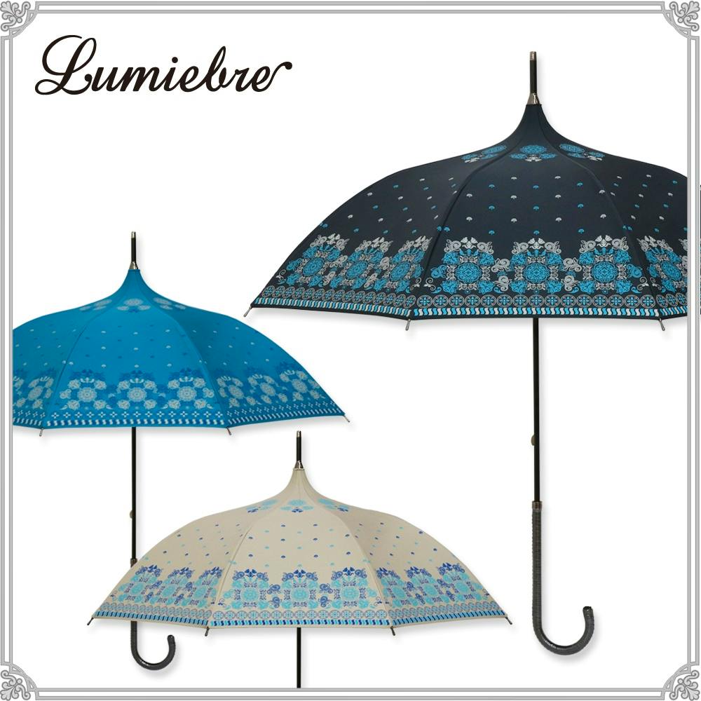 Three pagoda-style umbrellas in black, teal, and beige with blue floral border patterns shown open.