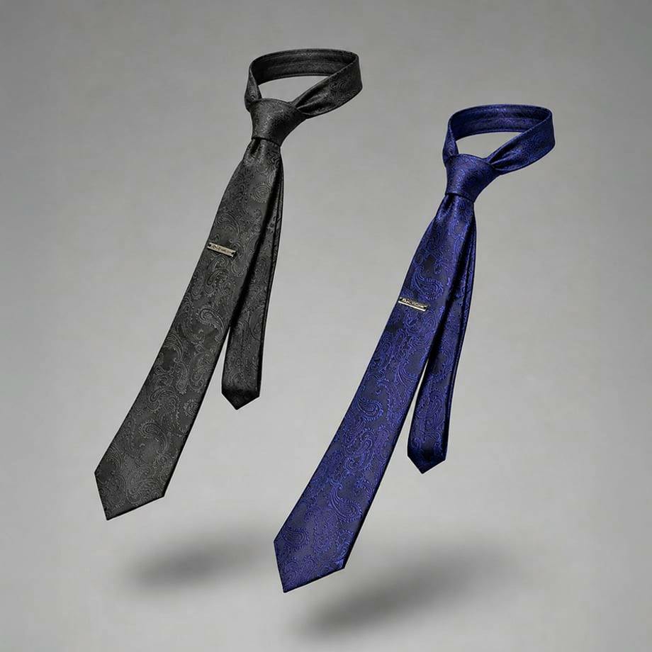Two paisley-pattern polyester neckties, one black and one blue, each with a tie clip, photographed against a gray background.