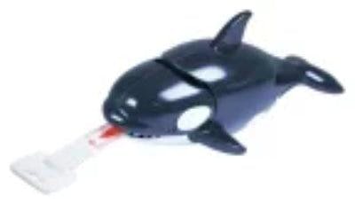 An orca-shaped measuring tape with its tape partially extended.