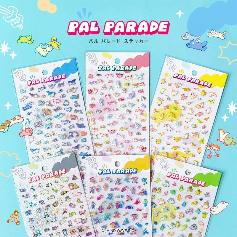 Six Pal Parade sticker sheets showing various small character stickers on a blue background.