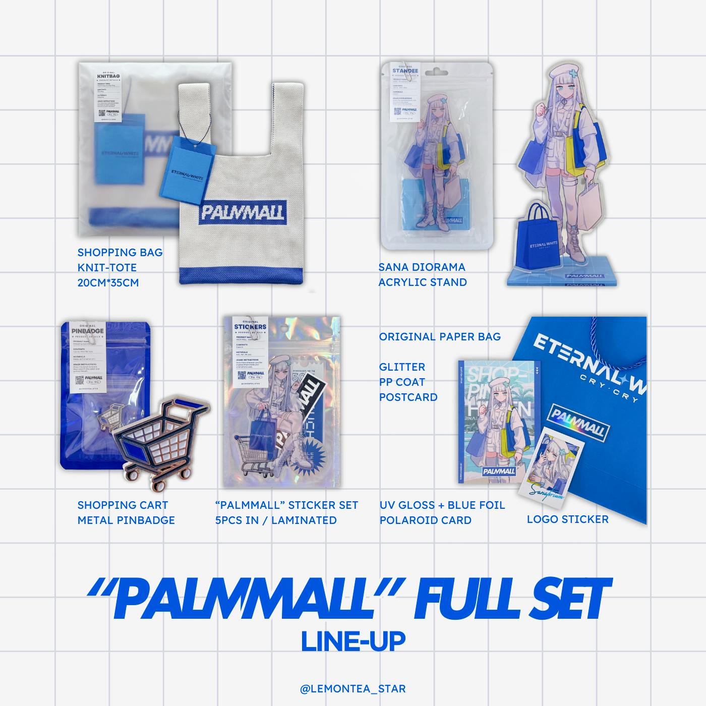 Photograph of the PALM MALL full set items arranged on a grid background, showing a knit shopping tote, packaged and assembled acrylic diorama stand, shopping cart metal pin, sticker pack, postcards, and a blue paper bag.