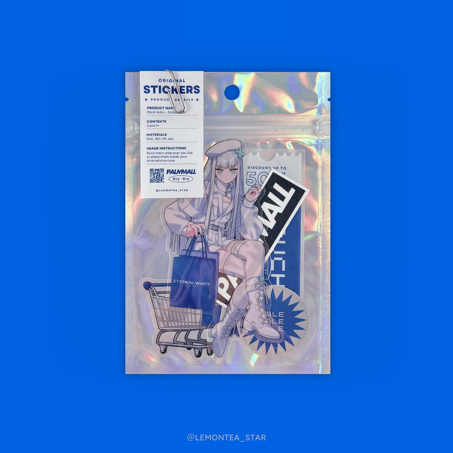 A holographic resealable pouch on a blue background showing the PALM MALL sticker set visible through the front.