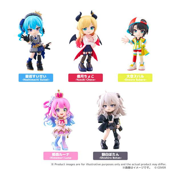Five chibi-style PalVerse Hololive character figures displayed on a white background with name labels beneath each.