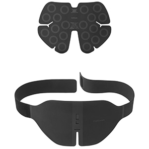 Black wearable hand-massager pad with an attached strap and a separate electrode pad.
