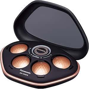 Black Panasonic high-frequency therapy device in an open clamshell case showing four round golden treatment heads and a central control area.
