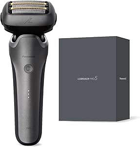 Front view of the Panasonic Ramdash PRO 5-blade electric shaver in titanium silver shown next to its retail box.