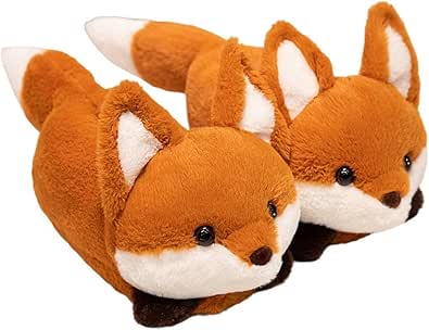 Pair of brown plush fox-shaped indoor slippers photographed on a white background.