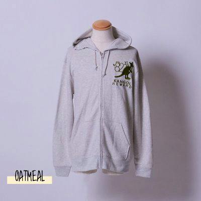 Front view of an oatmeal zip-up hoodie displayed on a mannequin with a Kangol Reward logo on the chest.