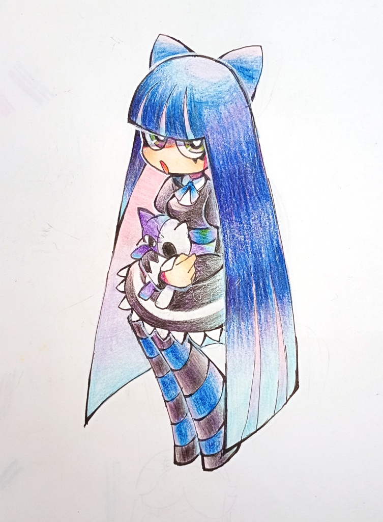 Colored-pencil hand-drawn illustration of a long blue-haired character with cat-ear hairstyle, wearing striped stockings and holding a small stuffed animal.