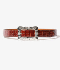 Papillon Square Buckle Belt in crocodile-embossed red leather with a decorative square buckle on a white background.