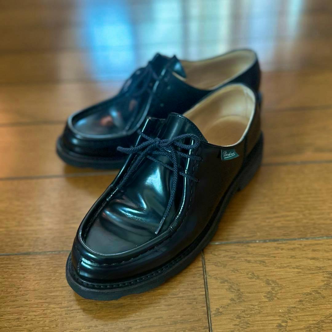 Black Paraboot ミカエル (Mikael) shoes, size 5, photographed on a wooden floor.