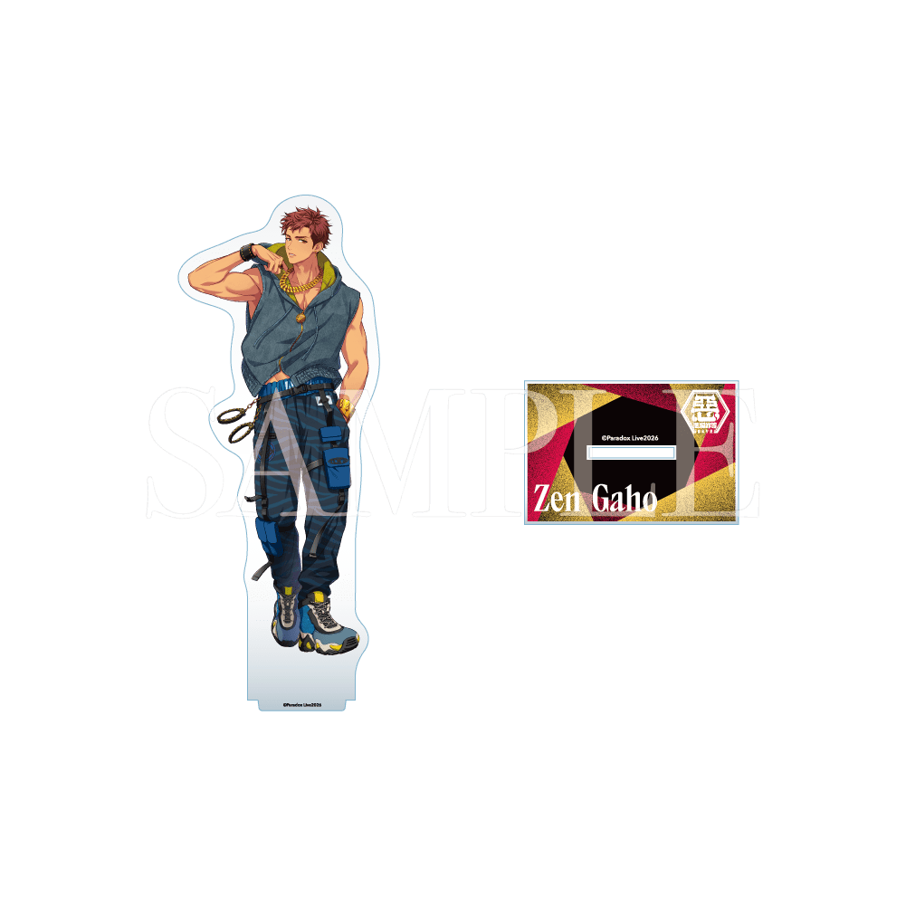An acrylic character stand with a separate rectangular nameplate shown on a plain background with a SAMPLE watermark.