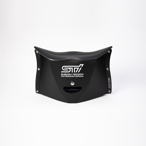 Front view of a black PATATTO180 small foldable stool showing the STI (Subaru Tecnica International) logo on a white background.