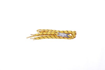 Coiled yellow patterned shoelaces with a visible 'VINCENT' label on a white background.