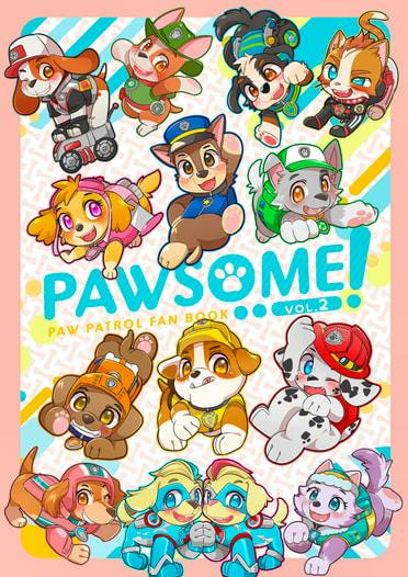 Illustrated comic book cover for PAWSOME! vol.2 showing chibi Paw Patrol characters around the title.
