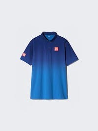 Blue gradient short-sleeve polyester tennis jersey with small chest and sleeve logos laid flat against a light background.