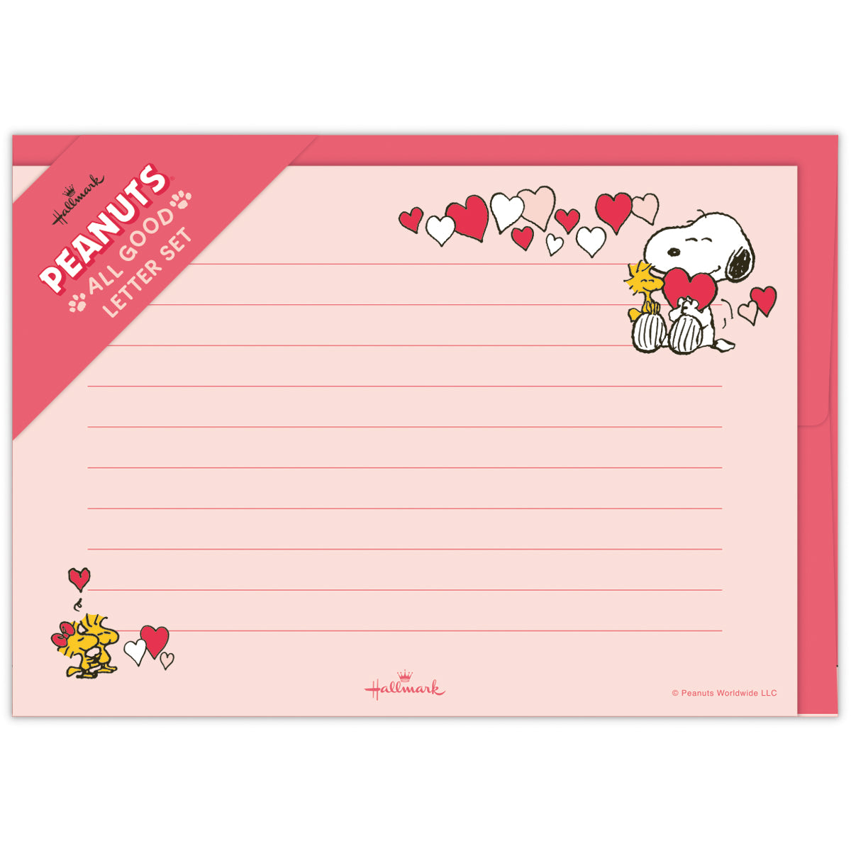 Pink lined letter paper from a Peanuts letter set decorated with Snoopy and Woodstock holding hearts.