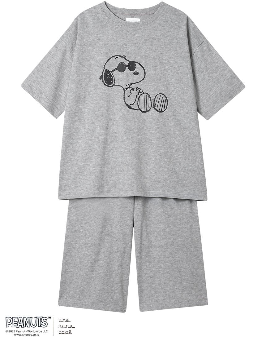 Gray women's two-piece cotton pajama set with a short-sleeve top and matching shorts, featuring a Snoopy graphic on the top.
