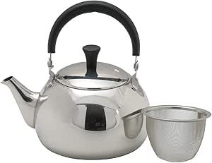Stainless steel Pearl Metal HB-6454 teapot with a black handle and a removable metal infuser beside it on a white background.