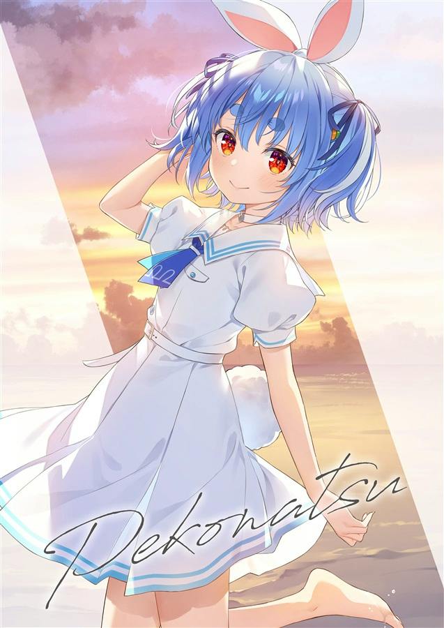 Illustration of a blue-haired girl with bunny ears wearing a white sailor-style dress against a sunset background.
