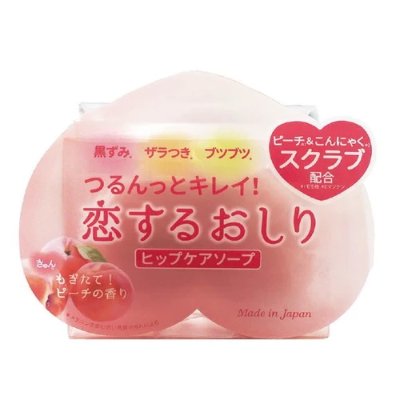 Packaged peach-shaped body soap with Japanese label reading “恋するおしり ヒップケアソープ.”