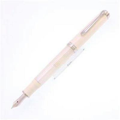 Pelikan Souverän M605 white-striped fountain pen with cap, clip, and exposed nib on a white background.