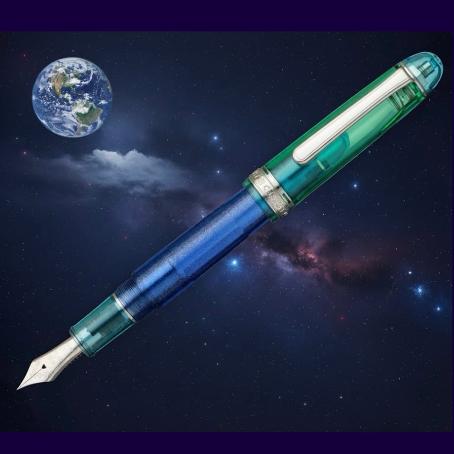 A green and blue fountain pen with its exposed nib displayed against a starry space background.
