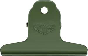 A small green plastic clamp-style clip photographed on a white background.