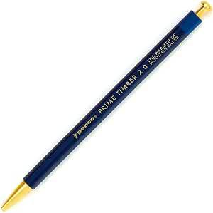 Navy-blue Penco Prime Timbers mechanical pencil with brass tip and end cap and gold text on the barrel.