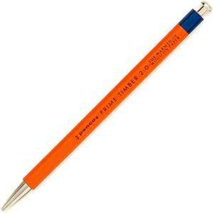 Red hexagonal Penco Prime Timber mechanical pencil with metal tip, top eraser, and printed text on the shaft.