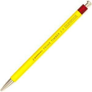 Yellow mechanical pencil with printed text, metal tip, and metal end cap on a white background.