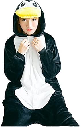 Model wearing a black-and-white penguin kigurumi pajama with a hood showing a penguin face and yellow beak.
