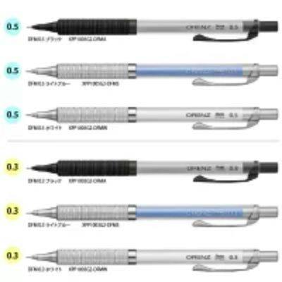Six Pentel Orenz Metal Grip mechanical pencils in black, light blue, and white showing 0.3mm and 0.5mm variants.