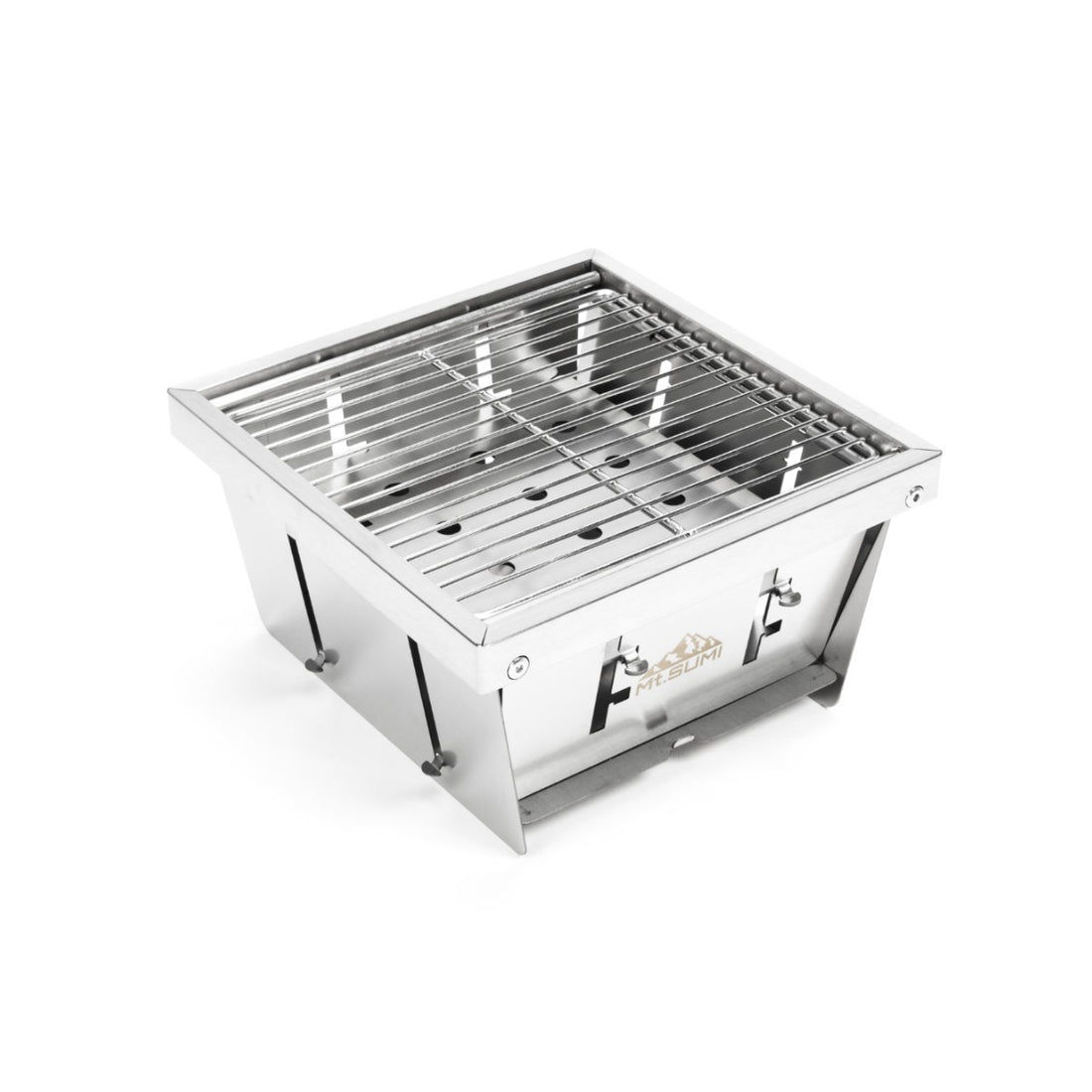 Angled view of the PerfectGrill square (mini) stainless steel tabletop grill on a white background.
