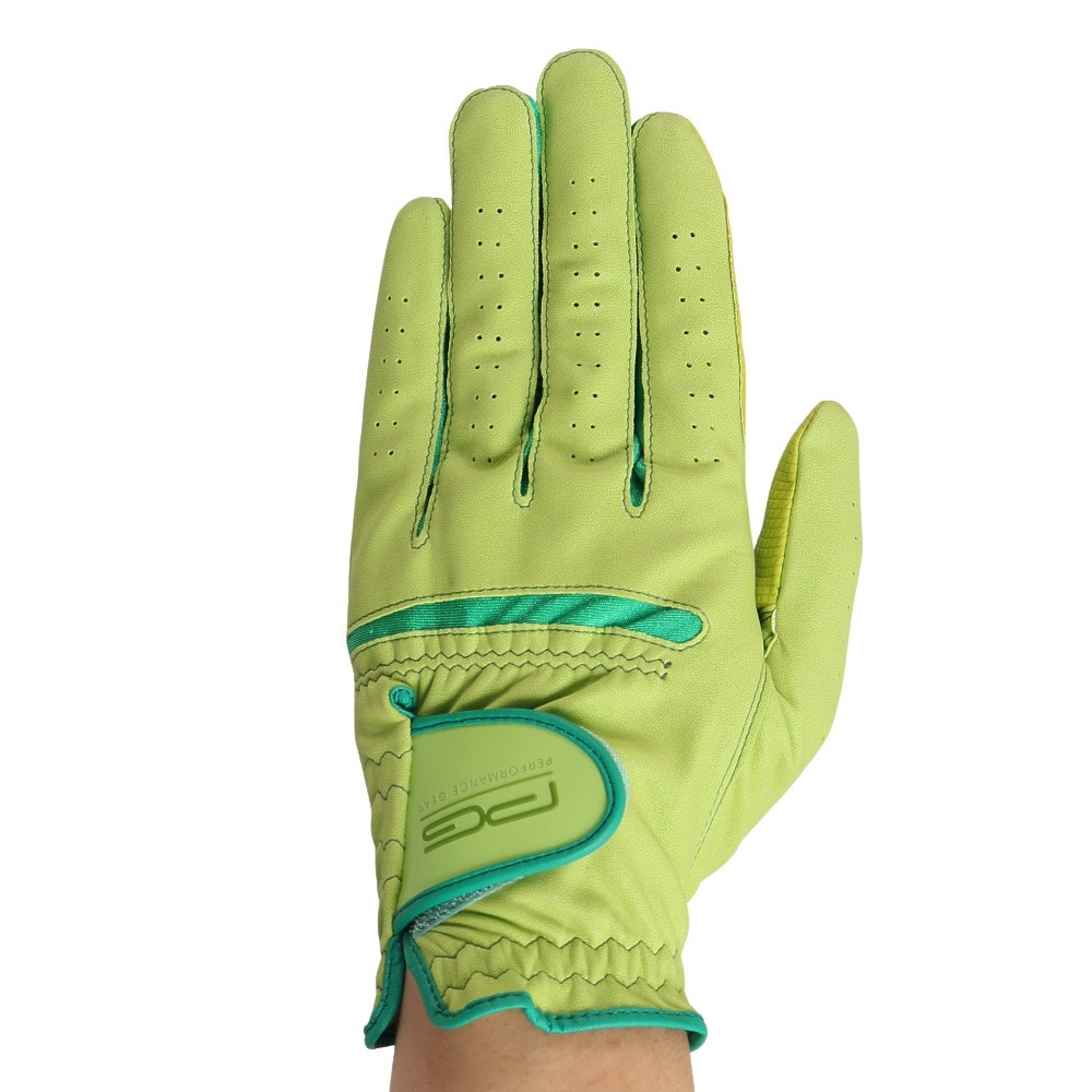 Green left-hand synthetic leather golf glove photographed flat showing the back of the hand and cuff.