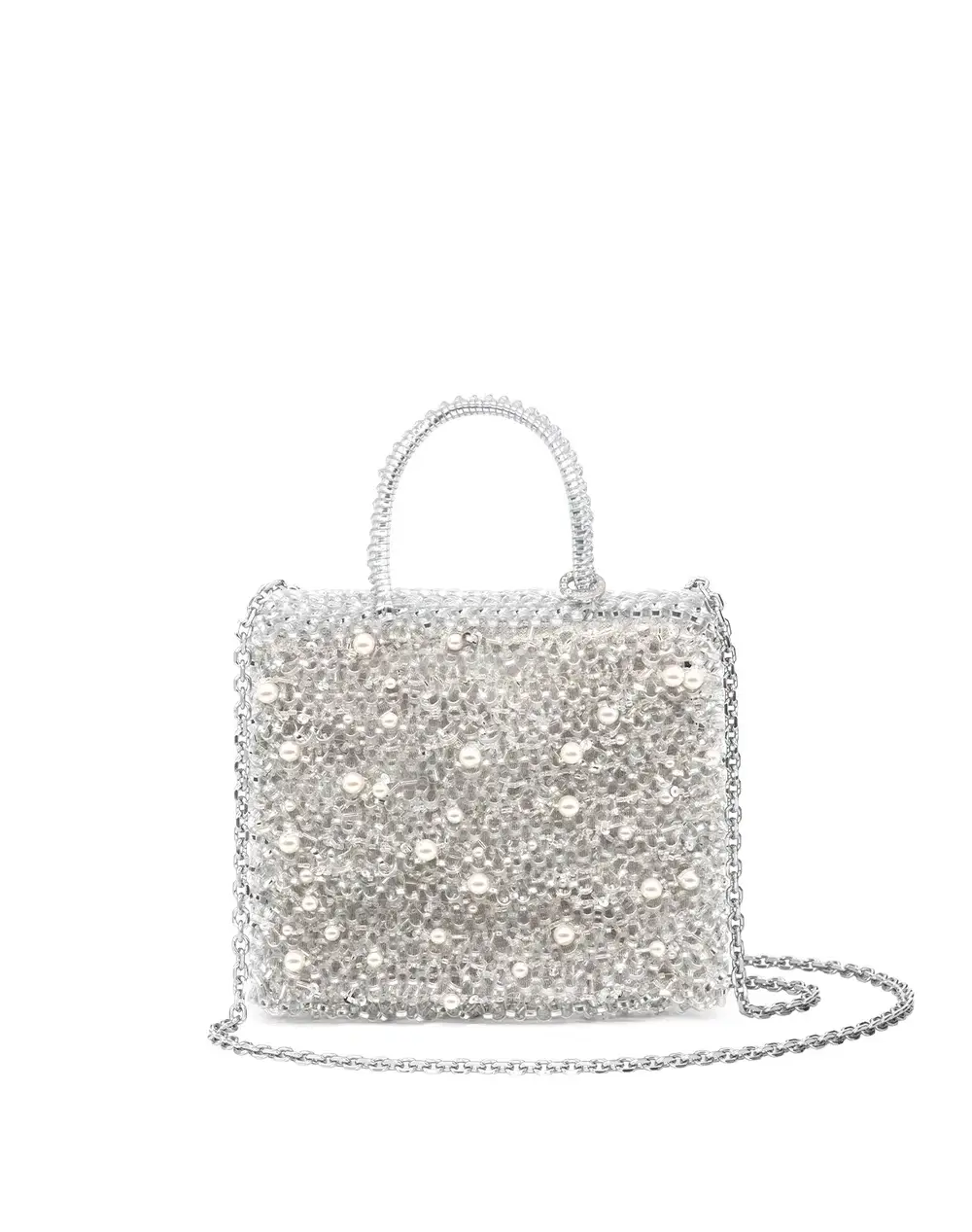 Small square silver PVC handbag with a glittery surface, top handle and chain strap shown on a white background.