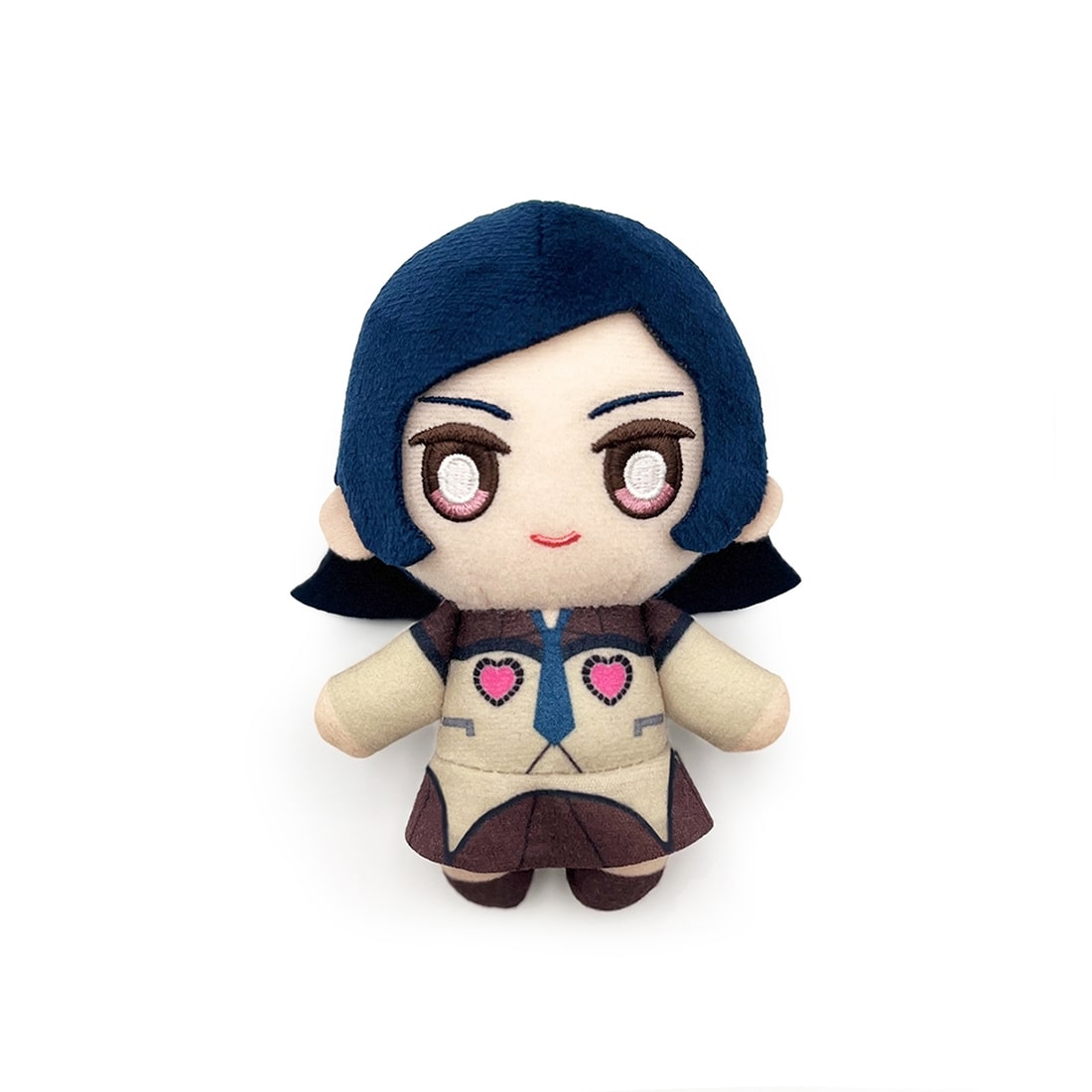 Front view of the protagonist plush keychain with blue hair, embroidered eyes, and a beige outfit.