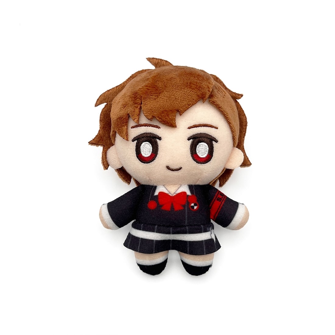 Front view of the P3P protagonist plush keychain wearing a black school uniform with a red bow.
