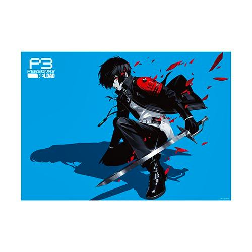 A blue A3 poster showing a crouching masked character holding a sword with red shards around and 'P3 PERSONA3 RELOAD' text.