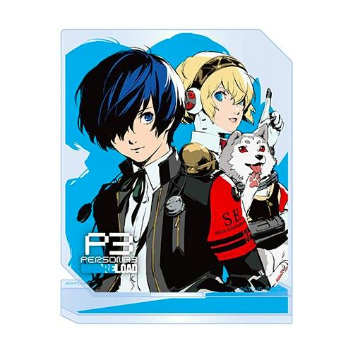 Front view of an acrylic stand showing two illustrated characters and a dog on a blue background with a small display base.