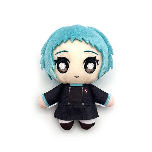 Plush keychain of P3R character 山岸風花 with blue hair wearing a black uniform on a white background.