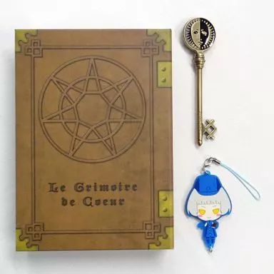 Persona-themed grimoire-style small case, a replica contract key, and an Elizabeth rubber mascot keychain on a white background.