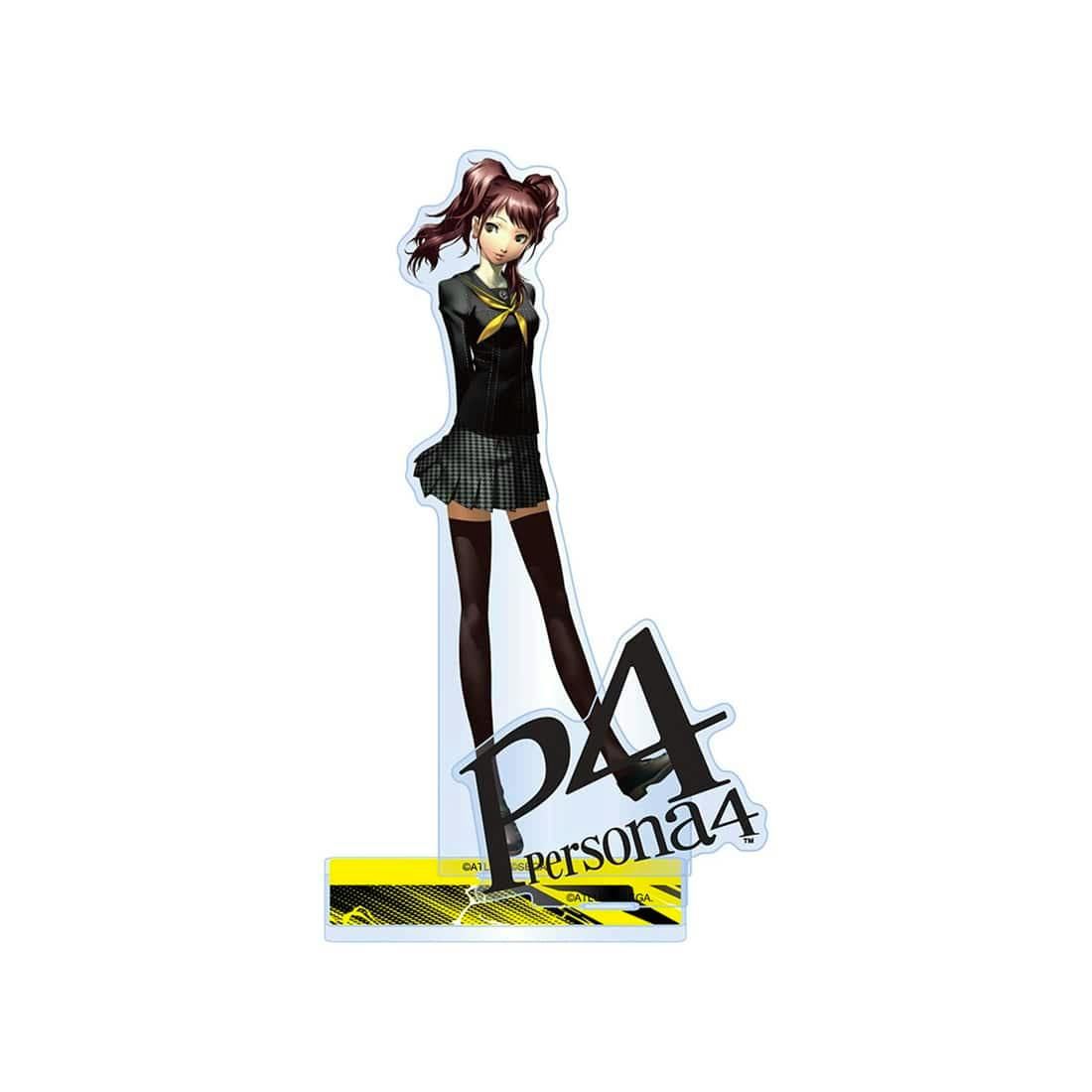 Assembled acrylic stand of P4 久慈川 りせ on a yellow patterned base with the P4 logo.