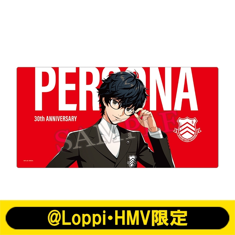Red desk mat design showing the Persona 5 protagonist in a suit with "30th ANNIVERSARY" text and a yellow "@Loppi・HMV限定" banner.
