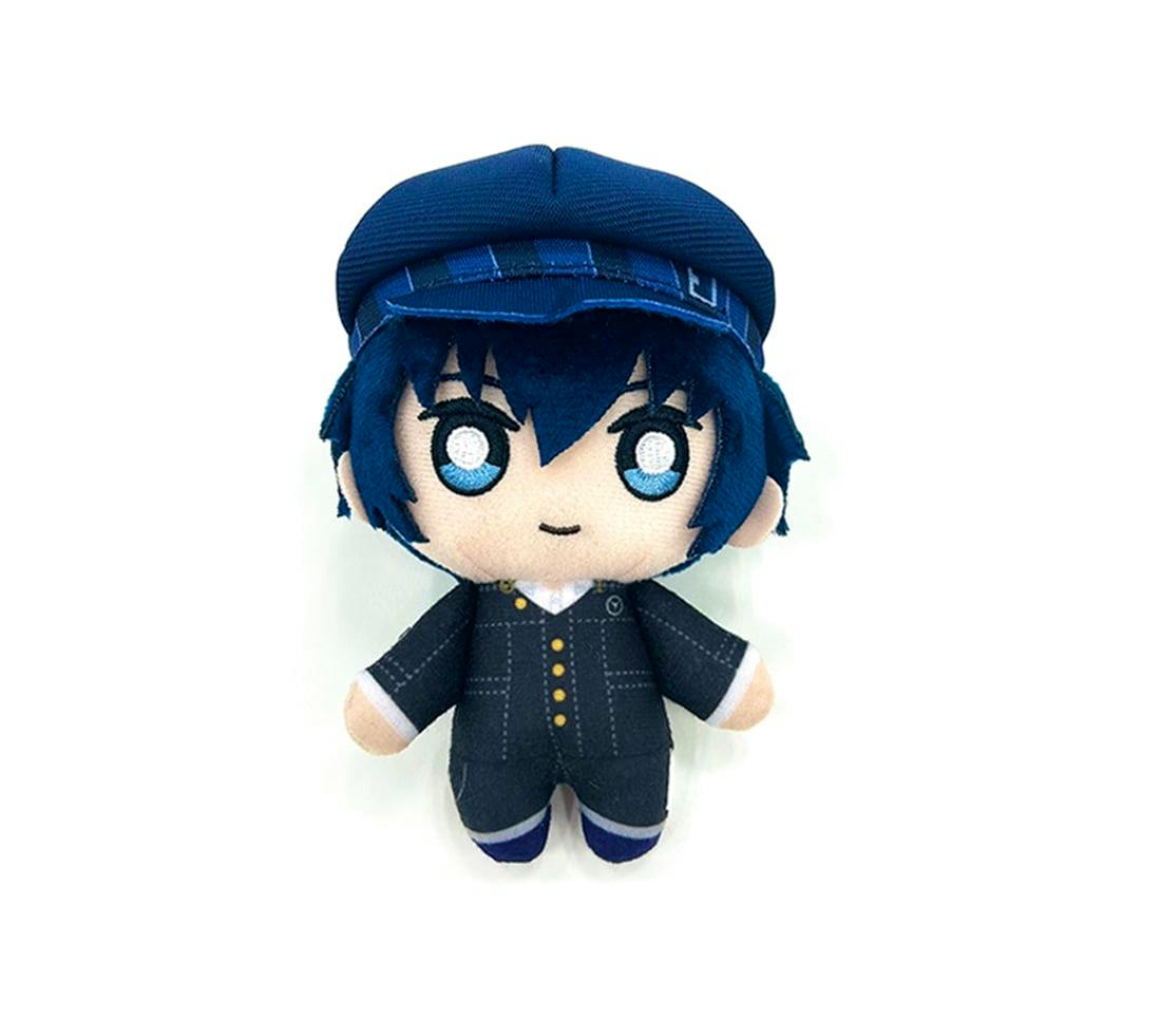Front view of the P4G plush keychain (白鐘直斗) showing the character in a dark uniform with blue hair and a blue cap.